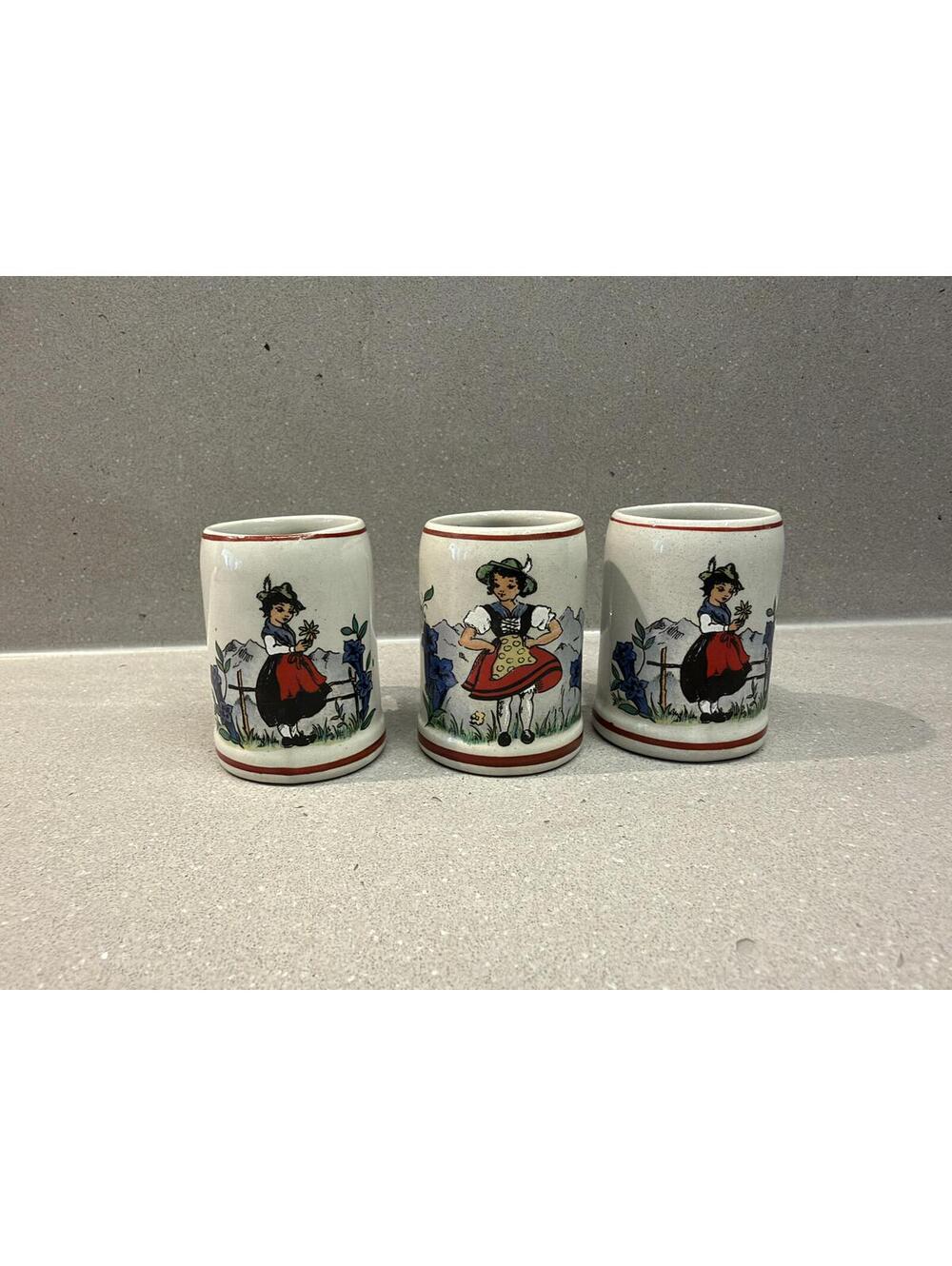 Vintage Mini Beer Stein Shot Glasses Set of 3 Alpine Girl Ceramic